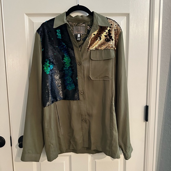 Anthropologie Olive Green Sequin Patch Army Button Down Shirt - Picture 1 of 10